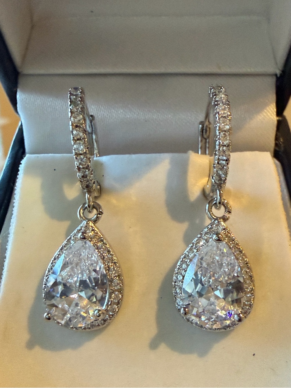 925 Stirling Silver Pear CZ Drop Huggie Earrings with Pave Halo - 2ct each